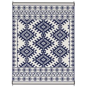 Reversible Outdoor Rug, Waterproof Plastic Straw with Carry Bag, 9' x 12', Blue & White Rhombus Border