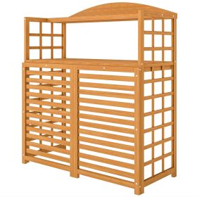 Outdoor Air Conditioner Fence Privacy Screen, Wood AC Fence Potting Table with Shelves for Patio, Light Brown