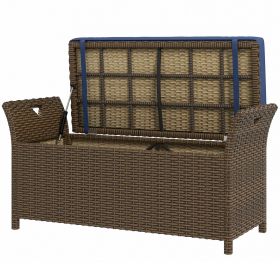 Wicker Patio Storage Bench with Cushion Top, Dark Blue, Outdoor Seating & Storage Solution