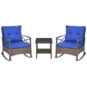 3 Piece Rocking Wicker Bistro Set, Outdoor Patio Furniture Set with 2 Porch Rocker Chairs, Cushions, 2-Tier Coffee Table for Garden