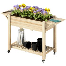 Wood Raised Planter Box, Elevated Garden Bed with Lockable Wheels, Side Tables, Bottom Shelf, Drain Holes, Natural (Option: Natural Wood-1090x520x135 mm)