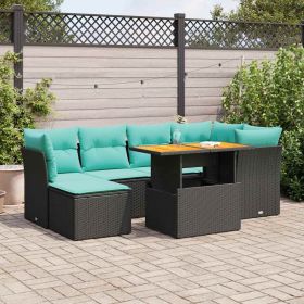 7 Piece Patio Sofa Set with Cushions Black Poly Rattan (Color: BLACK)