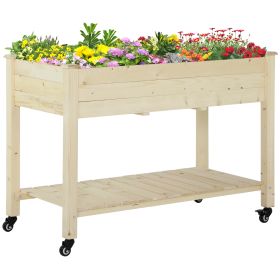 Raised Garden Bed, 47" x 22" x 33", Elevated Wooden Planter Box w/ Lockable Wheels, Storage Shelf, and Bed Liner for Backyard, Patio, Natural (Option: Natural-1185x78x570 mm)