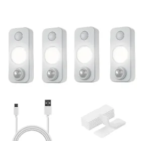 4 PCS Of High-quality Motion-sensing Lights, Wall Lights, Equipped With USB Charging Cables And Accessories, Suitable For Cabinets, Wardrobes, Bo (Option: White)